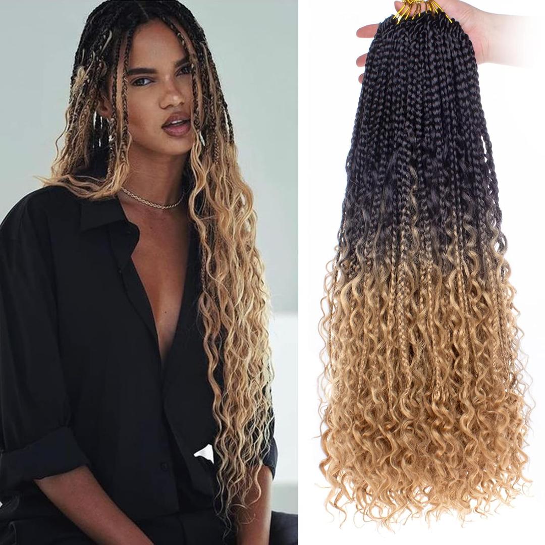 Unionbeauty 24 Inch 8 Packs Boho Box Braids Crochet Hair Curly Ends Goddess Box Braids Crochet Hair for Black Woman Bohemian Hippie Braids Pre-looped Ombre Synthetic Braiding Hair Extension 1B/27#