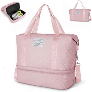 Geestock Weekender Bag with Shoe Compartment for Women, Expandable Overnight Duffle Bag, Carry On Personal Item Bag for Travel, Gym, Hospital, Included Storage Pouch & Adjustable Straps, Pink