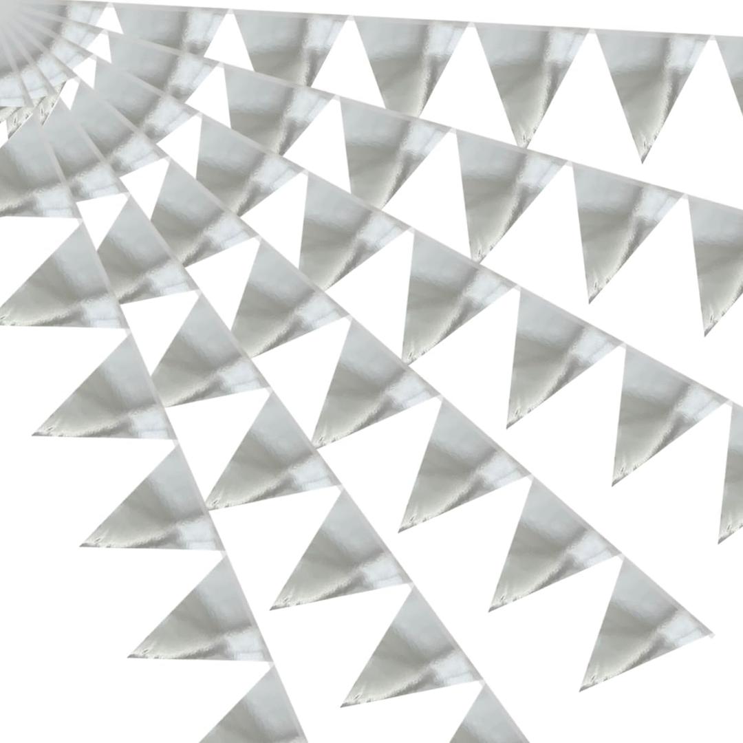 64ft Silver Triangle Pennant Banner Flag Metallic Paper Bunting Garland for Hanging Backdrop Birthday Party Decorations Graduation Bachelorette Bridal Wedding Baby Shower New Year Party Supplies