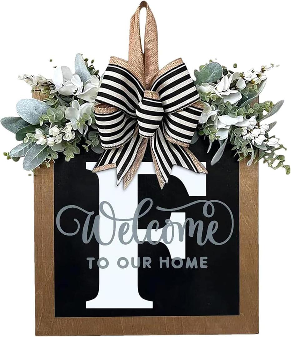 Last Name Year Round Front Door Wreath Front Porch Decoration 26 Letter Welcome Sign with Eucalyptus Garland and Bow Spring Wreaths for Front Door Outside Hanger GarlandF