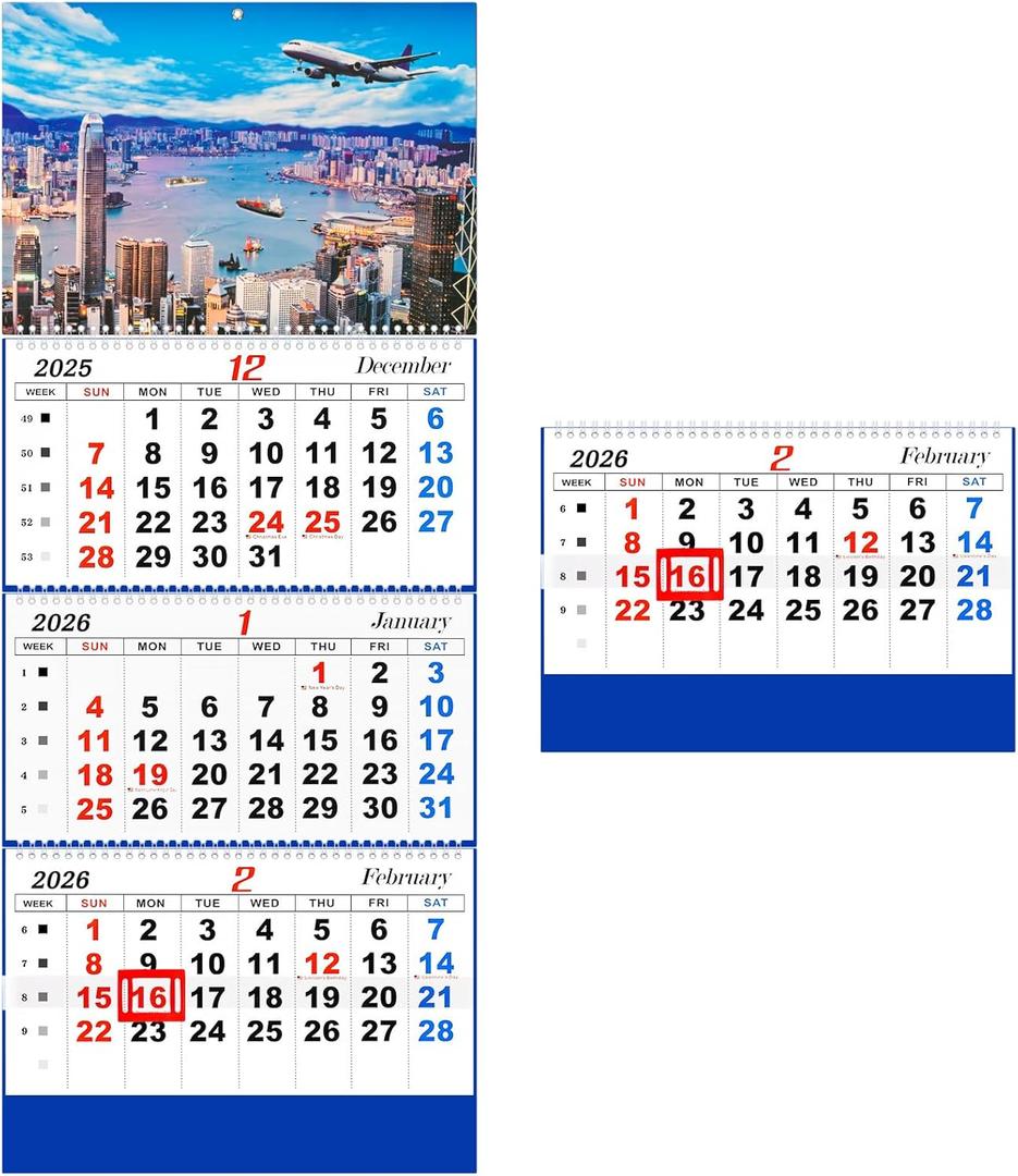 2026 Wall Calendar 2026 Calendar 3-Month Display Vertical Calendar (Folded in a Month) 33" x 13" Dec 2025 - Jan 2027 Perfect for Daily Organizing & Planning (City)