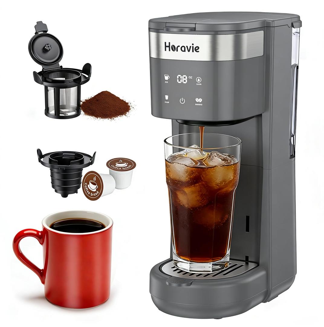 Single Serve Coffee Maker for K Cup Pod & Ground, Fast Brew One Cup Coffee Machine with Descaling and Low Water Alert, Fit 7.8" Travel Mug, 6 to 14oz Brew Sizes, 30oz Removable Reservoir, Grey