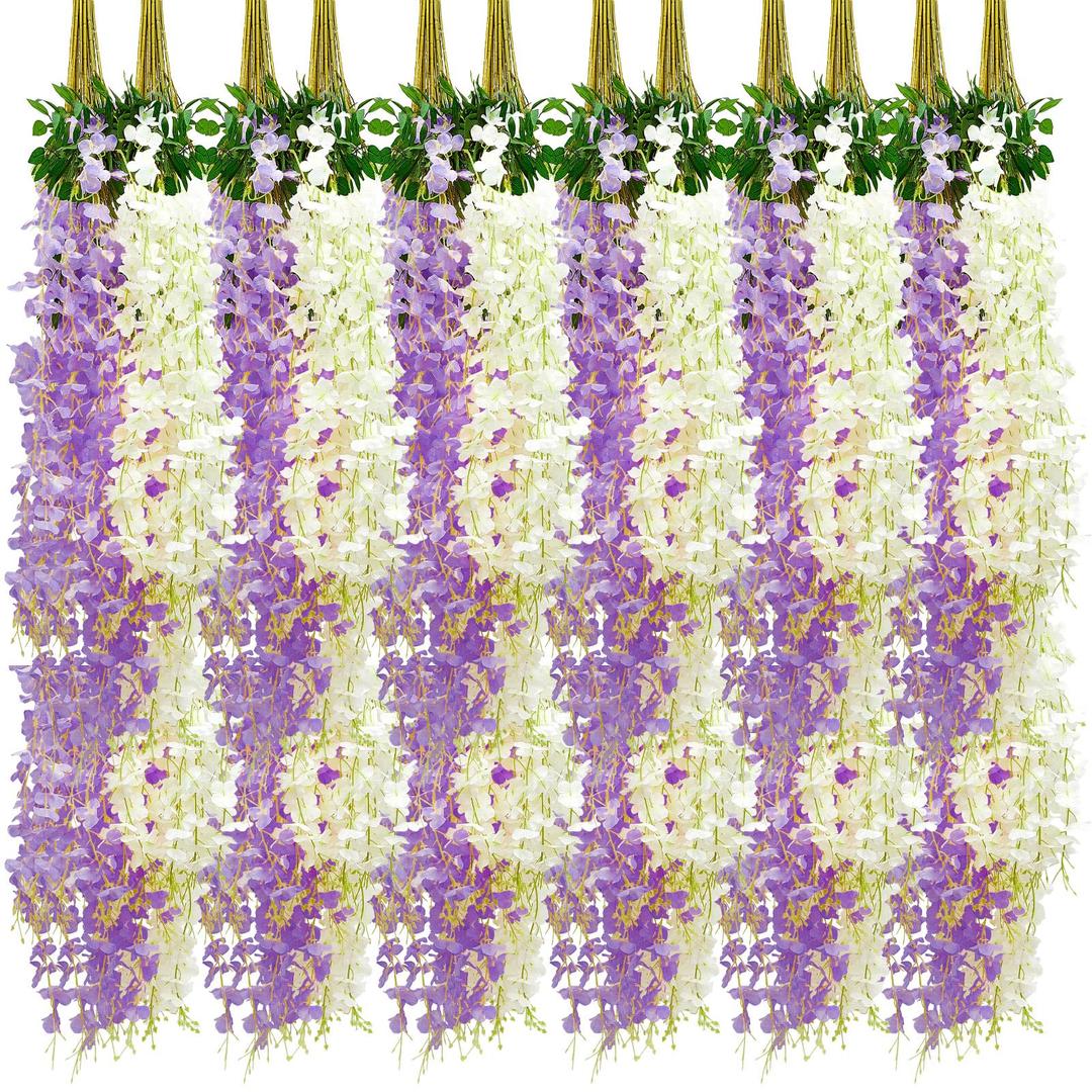 Giegxin 24 Pcs Artificial Wisteria Hanging Flowers 3.6 ft Artificial Fake Wisteria Vine Rattan Hanging Garland Silk Flowers String for Wall Home Wedding Party Greenery Decorations (Purple,White)