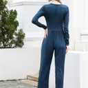 RONGTAI One Piece Jumpsuit for Women Long Sleeve Cutout Neck High Waist Dressy Casual Stright Leg Romper (Blue, L)