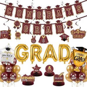 Maroon Gold Balloons Burgundy GRAD Print Balloons with Banner Table Honeycomb Centerpieces Hanging Swirl trophy star GRAD Letters Mylar Balloons for 2026 graduate Prom Decorations