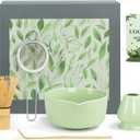 Ceremony Matcha Kit with Bamboo Scoop, Whisk, Holder, Sifter, Chawan Ceramic Bowl with Spout, 5 Pcs Green Japanese Matcha Whisk Set - High End Matcha Tea Set Gift for Matcha Lovers and Starters