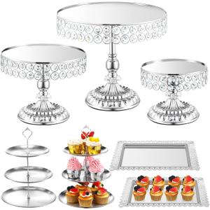 Kigley 7 Pcs Silver Cake Stands Set Vintage Dessert Table Display 3 Tiered Cupcake Holder Candy Plate Desserts Table Stands with Crystal Edge Serving Tower Metal Cake Serving Tray for Wedding Birthday
