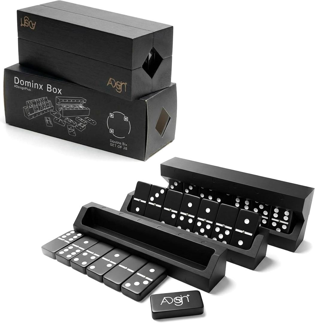 Unique Design | Dominos Set & 4 Wooden Racks/Trays | Double 6 Dominoes Portable Travel Set | Double Six Dominoes Set 4 Tiles Holders | 28 Tiles Dominos Set for Family Games | Solid Wood Black