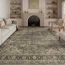 8x10 Washable Brown Vintage Area Rug for Living Room Bedroom Large Traditional Low Pile Soft Carpet Non-Slip Thin Retro Distressed Accent Throw Rug for Dining Room Office Kitchen Indoor