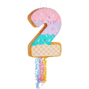 BLUE PANDA Pull String Pinata Number 2-16.5 x 11.5 x 3 In, Multicolor - Ice Cream 2nd Birthday Pinata for Two Sweet Birthday Decorations & Toddler Party Decoration
