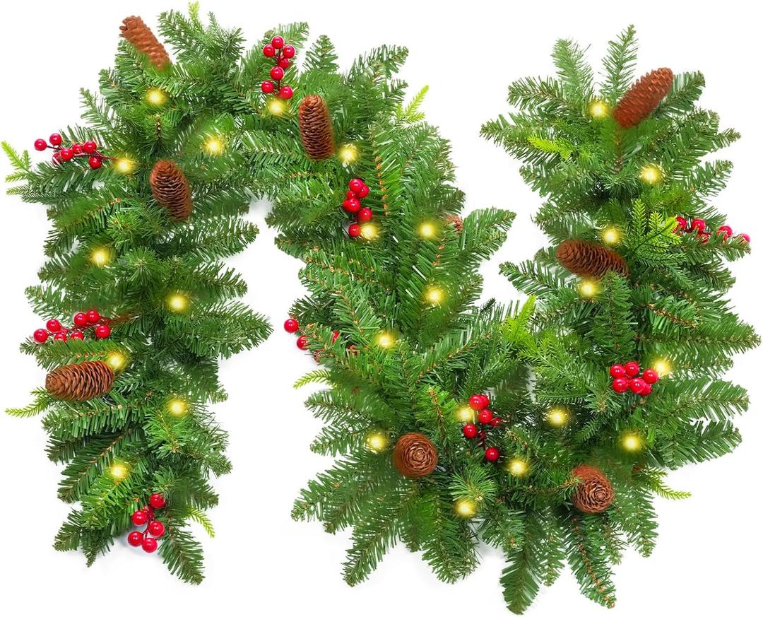 Christmas Garland with Lights, 6 Ft Real Touch Winter Pine Garland, Green Artificial Greenery Garland for Table, Stairs, Door, Christmas Decor for Home Wedding Fireplace Party