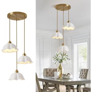 3 Light Pendant Light Minimalist Style Ceiling Hanging Lamp Retro White Wave Ceramic Lampshade Brass Finish Ceiling Light for Kitchen Island Bedroom Bedside, 7in 3-Light