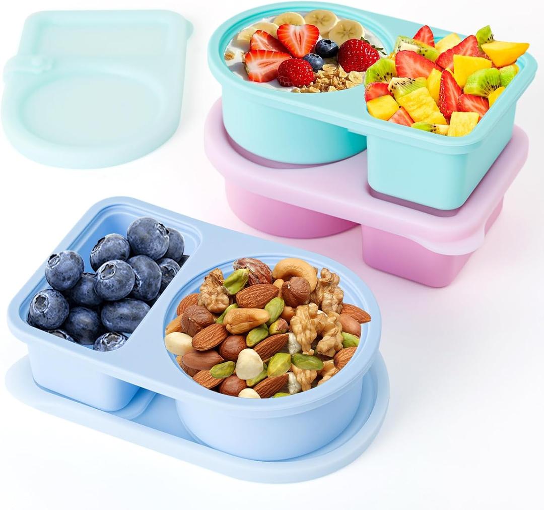 3 Pack Reusable Silicone Snack Containers with Lids, 8.5 OZ Double Compartment Snackle Box for Kids, Leakproof Small Snack Packs Container for Salad Dressing, School, Office, Travel, Picnic (Blue, Pink, Light Green)