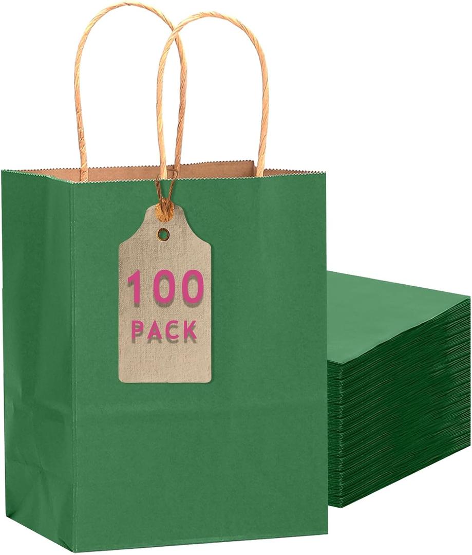 qiqee 100PCS Gift Bag with Handles Bulk Kraft Deep Green Paper Bags Multiple Uses (11"x5"x8"inch Medium Size)
