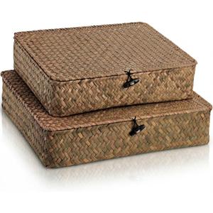 Elsjoy 2 Pack Flat Seagrass Storage Bins with Lid, Wicker Woven Storage Basket Set, Rattan Organizer Bins for Shelf, Closet, Bedroom