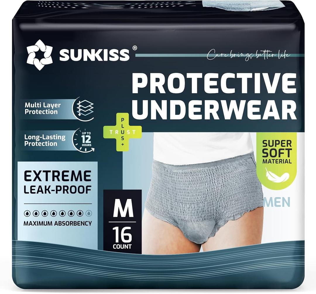 SUNKISS Super Soft Incontinence Underwear for Men, Daytime Disposable Adult Pull Ups,Mens Protective Diapers with Maximum Absorbency, Medium, Grey, 16 Count
