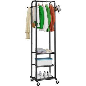 Heavy Duty Clothing Rack on Wheels, Small Clothes Rack for Hanging Hat, Coats, Skirts. Rolling Garment Rack with 3 Tier Mesh Metal Storage Shelves and 4 Hooks, Black
