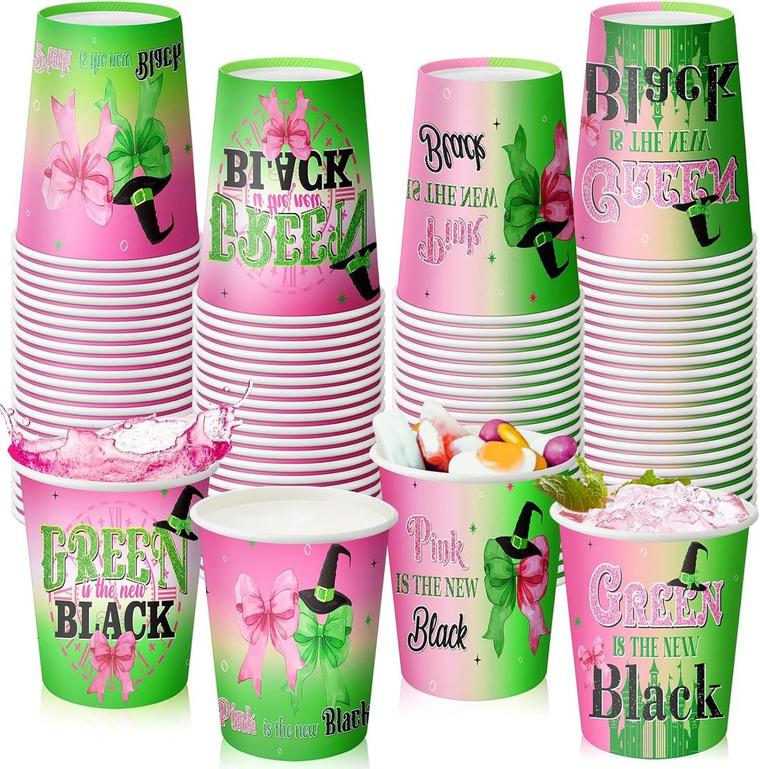 100 Count Witch Paper Cups 9 oz Disposable Pink Princess and Green Witch Party Cups for Girls Women Christmas Birthday Party Supplies Decorations