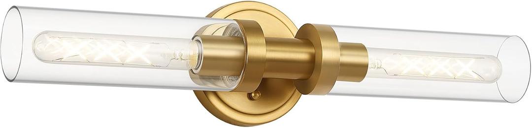 SANTOSTOCK Brushed Gold Bathroom Vanity Light Fixture, 2-Light Modern Wall Sconce Lighting W/Clear Glass, Brass Wall Mount Lamp for Mirror Hallway Kitchen Living Room, E26 T10 Bulbs(Excluded)