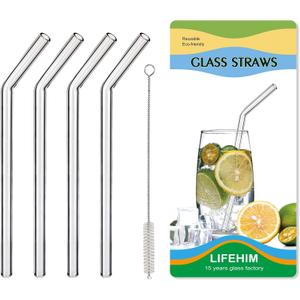 Shatter Resistant Borosilicate Glass Straws, Dishwasher Safe - 9 Inch Bent Reusable Straws 8mm with Cleaning Brush, Fits 12-20oz Cups for Iced Coffee & Cocktails, BPA Free (Clear)