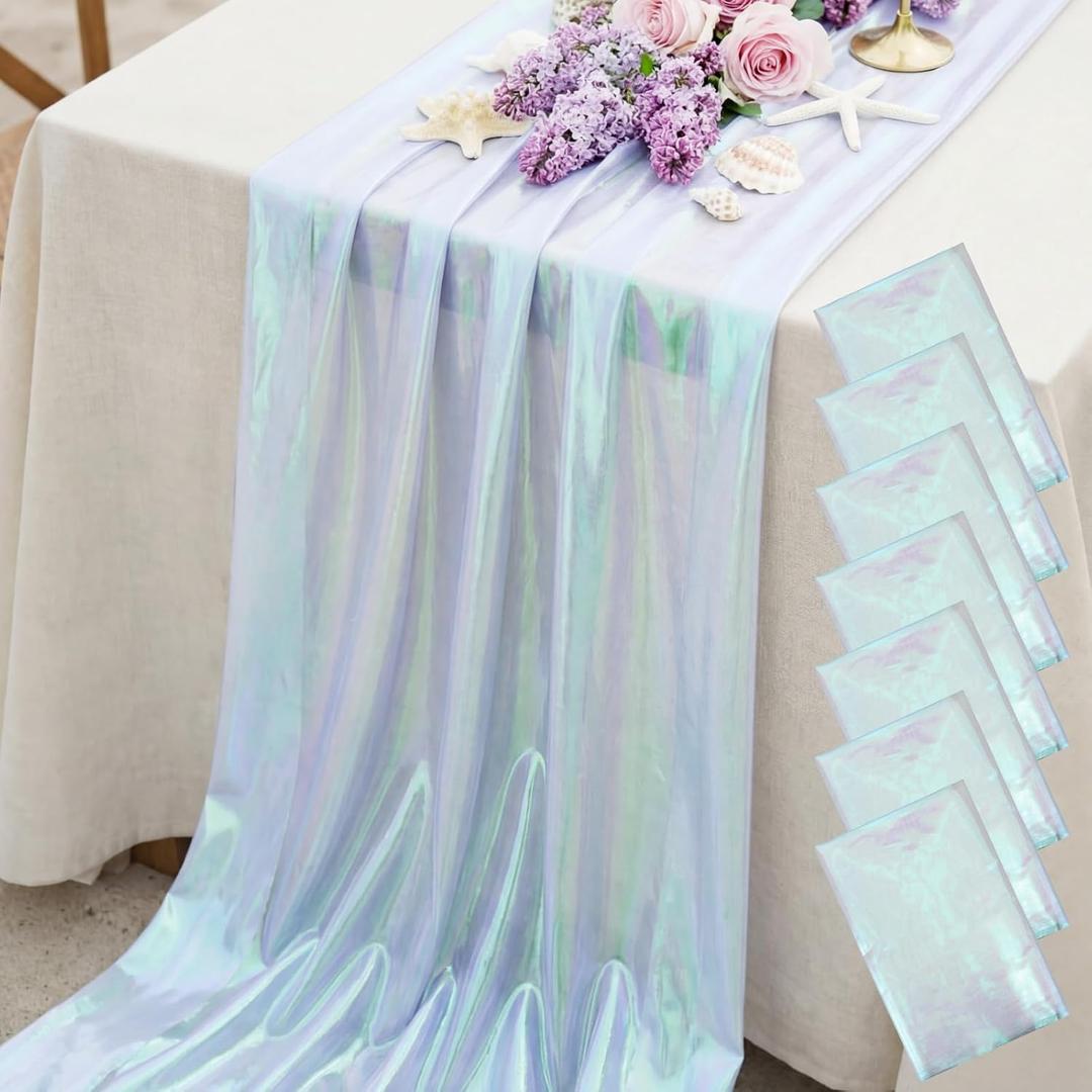 Mindsoft 4 Pcs Iridescent Organza Table Runner Tablecloths 28 x 71 Inch Shiny Gradient Fabric Rainbow Tulle Rectangle Table Cover for Wedding Shower Bridal Ocean Birthday Garden Party Decoration