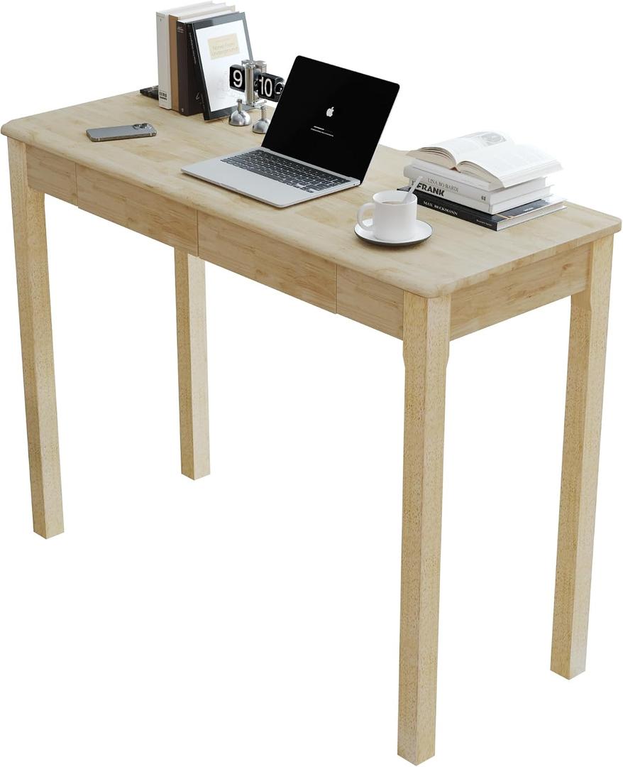 Solid Wood Desk with Drawers - 39" Narrow Desks for Small Spaces, Mid Century Modern Desks, Small Wooden Vintage Computer Writing Desk, Study Table for Home Office Bedroom, Natural, 39.4*15.7*29.5 Inch