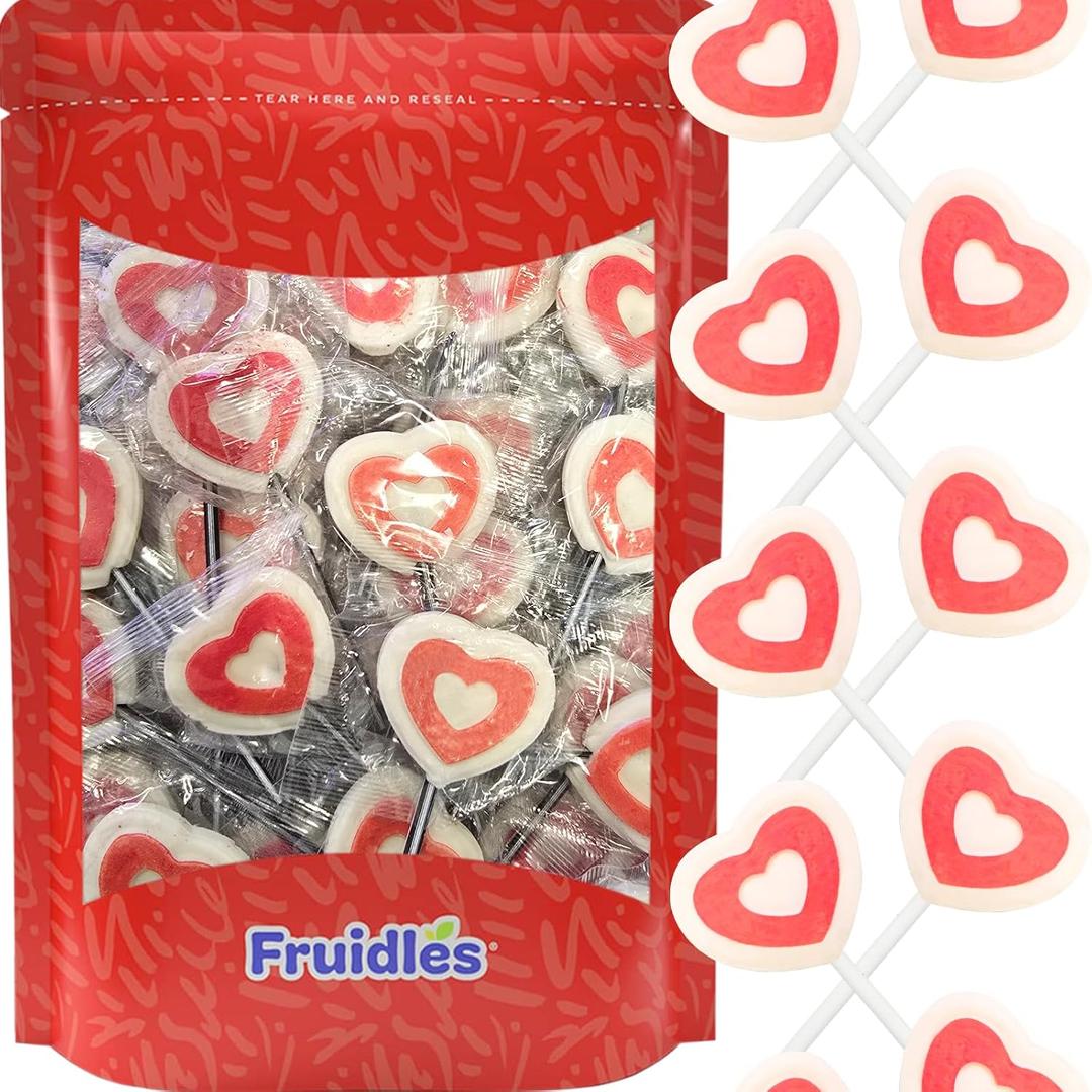 2 x Fruidles 20-Count Red Double Heart Tattoo Lollipop Sucker, White Shaped Lollipop with Red Heart, 10g Individually Wrapped Candy