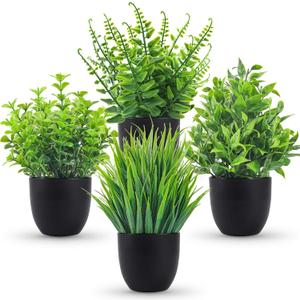 Der Rose Fake Plants 4 Packs Artificial Plants Small Faux Plants Black Bathroom Accessories for Bathroom Home Office Desk Decor Indoor (Green)