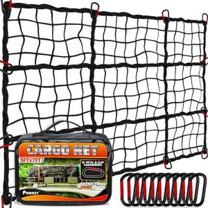 [Premium] 5'x7' Heavy Duty Cargo Net Stretches to 10' x 14', Extra Thick 10mm Cord Bungee Cargo Netting for Pickup Truck Bed, Roof Rack Net & 12 PCS Steel Carabiners