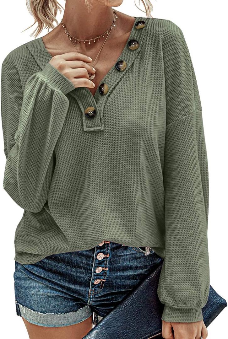 BTFBM Women Long Sleeve Shirts Spring Fall 2025 V Neck Loose Casual Blouse Deco Button Lightweight Waffle Knit Pullover (Small, Army Green)