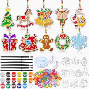 30 Sets Suncatchers Window Art Kits, DIY Sun Catchers Bulk Crafts Paint Your Own Window Ornaments for Boys Girls Classroom Home Party Birthday Activity Decor(Christmas Style)