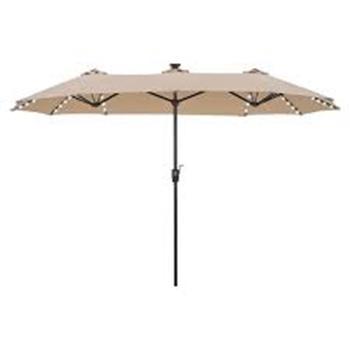 GREEN PARTY 13 ft Rectangle Patio Umbrella with Solar Lights, Double-Sided Market Table Umbrella with Crank, Large Outdoor Umbrellas for Patio Poolside Garden Backyard, Beige