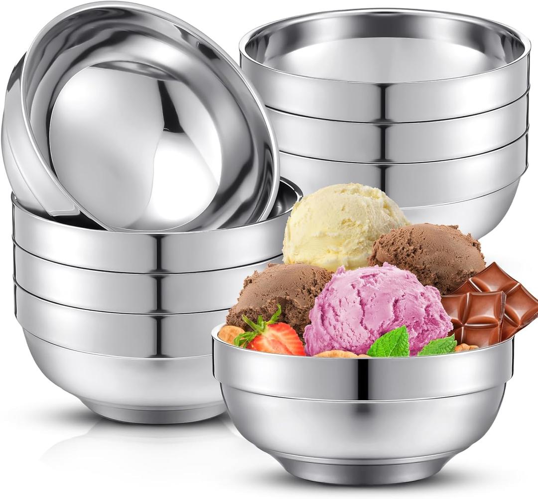 8 Pack 28 oz Stainless Steel Bowls Double Walled Insulated Ice Cream Bowls for Serving Soup Rice Cereal (Platinum Style)