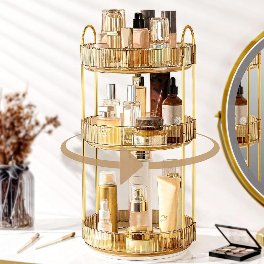 360 Rotating Makeup Organizer for Vanity, Bathroom Countertop Spinning Perfume Organizer, High-Capacity Cosmetic and Skincare Dresser Make Up Holder Rack (3 Tiers, Yellow) (Honorable Gold)