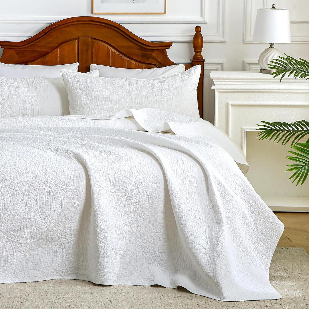 White 100% Cotton Twin Size Quilt Bedding Set, 3 Pieces Modern Style Coin Pattern Bedspread, Soft Bed 100% Cotton Batting Coverlet, All-Season Quilted Comforter Bed Cover, 1 Bedspread, 2 Pillowcases