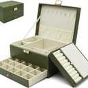 Jewelry Organizer Box, Jewelry Box Organizers for Women Girls, 3 Layers Large Leather Jewels Storage Case for Earring, Rings, Necklaces Bracelets, Big and Small Jewellery, Watch, Gift (OliveGreen)