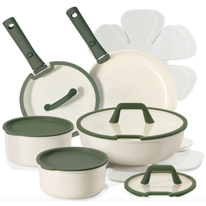 CAROTE 18pcs Ceramic Cookware Set, Pots and Pans Set, Induction Nonstick Kitchen,Non Stick RV Cookware Set with Detachable Handle, Dishwasher/Oven Safe, Green