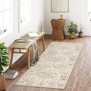 2x7 Washable Neutral Runner Rug Beige Vintage Hallway Kitchen Carpet Non-Slip Soft Low Pile Floral Throw Rug for Bedroom Bathroom Laundry Living Room