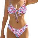ZAFUL Women's Triangle Bikini Floral Ruffles Bow Tie Up Bikini Set Two Piece Swimsuit (Pink, Medium)