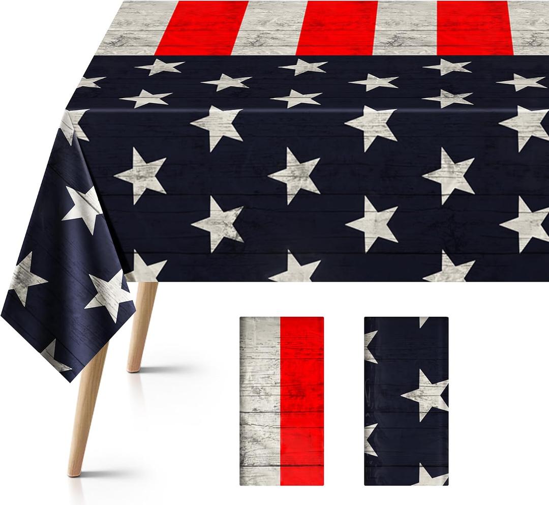 2 Pack Vintage American Flag Tablecloth, 54x108" Disposable Plastic Table Covers, Patriotic Stars and Stripes Design for 4th of July, Memorial Day, Independence Day Party, Outdoor Picnic & BBQ Dcor