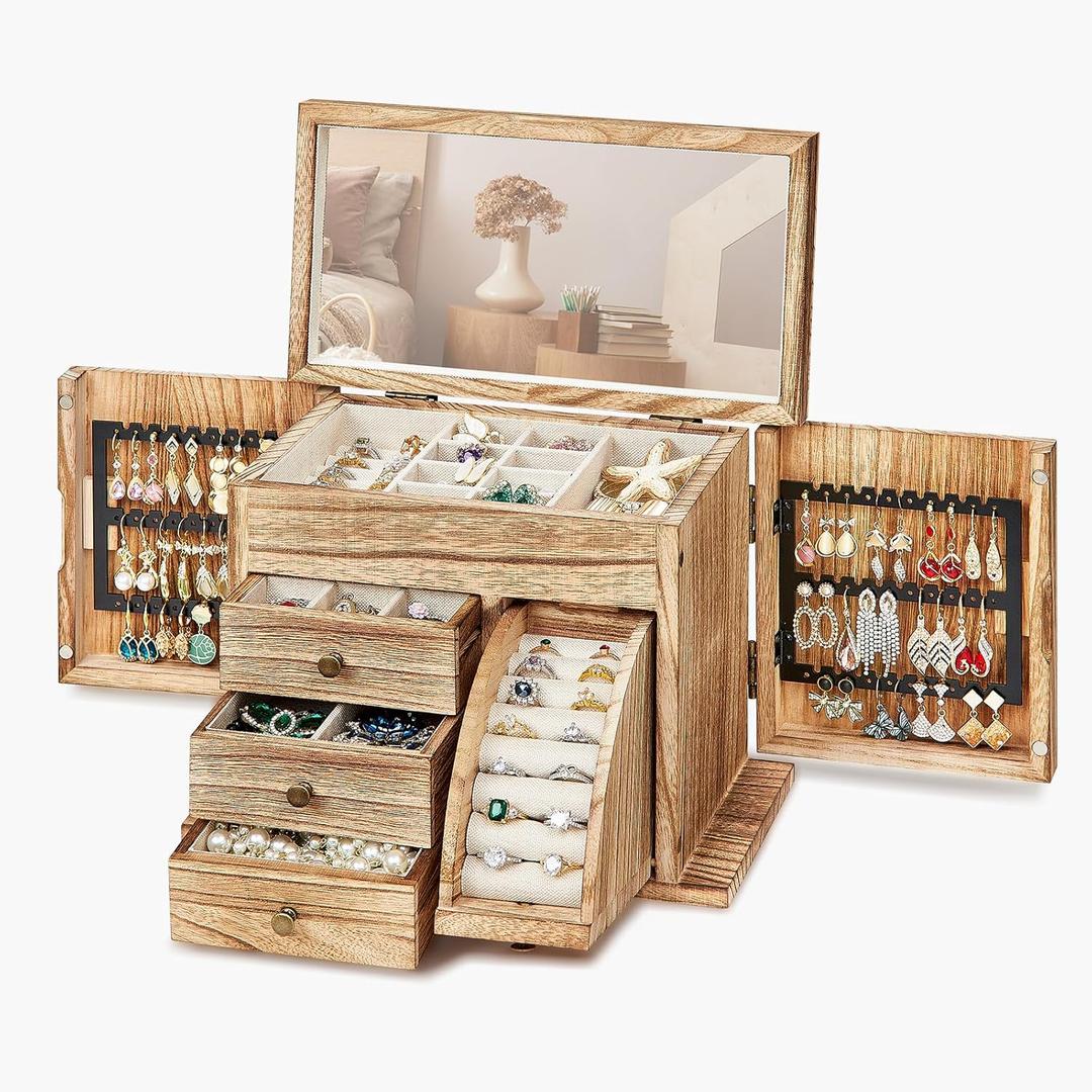 Poyilooo Jewelry Box Organizer, Solid Wood Jewelry Boxes fow Women with Mirror, Double Layer Jewelry Organizer Box Display Earring Necklace Bracelet Ring, Rustic Style Small Jewelry Box for Girls