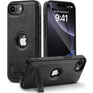 Compatible with iPhone 16E Leather Case, Built-in Invisible Stand Slim Logo View Protective Kickstand Cover (2025) 6.1 Inch (Black)