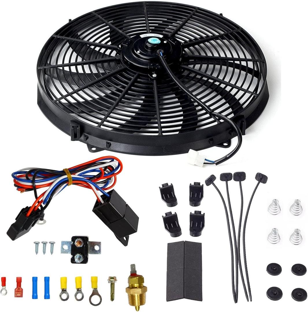 16 Inch Electric Radiator Cooling Fan Mounting Kit & 175-185 Degree Thermostat Relay Switch Kit Black