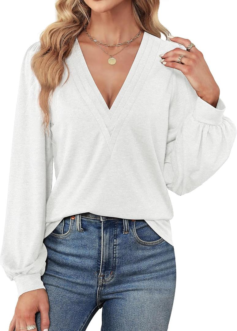 Agnes Urban Womens V Neck Long Sleeve Tops Dressy Casual Fall Shirts Puff Sleeve Loose Tunic Trendy Tops Blouses (White, L)