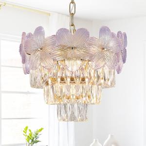Modern Purple Flower Elegant Chandeliers 3-Lights 14" K9 Crystal Luxury Gold Chandelier Lighting 4 Tiers Small Ceiling Pendant Light Fixture for Dining Room Kitchen Island Entryway Bedroom