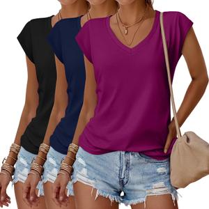 Huukeay 3 Pack Womens V Neck T Shirts, Cap Sleeve Summer Casual Tops Loose Fit Short Sleeve Tees Basic Trendy Shirts (XL)