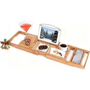 Utoplike Bamboo Bathtub Caddy Tray Bath Tray for Tub, Adjustable Bathroom Bathtub Organizer with Book Tablet Wine Glass Cup Towel Holder (Natural)