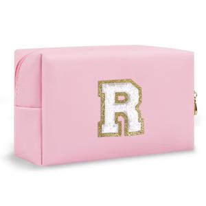 Small Personalized Glitter Initial Letter Makeup Bag, Cute PU Leather Chenille Letters Cosmetic Bag Travel Makeup Pouch, Preppy Travel Organizer Zipper Pouch for Women&Girls（Pink-R）