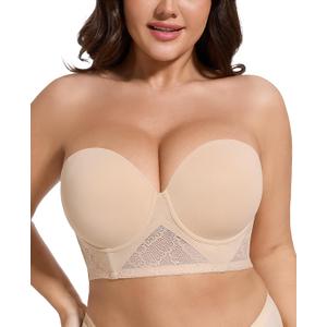 Strapless Longline Bra for Women Convertible Multiway Lace Corset Lift Up Bras Underwired Plus Size (Beige)