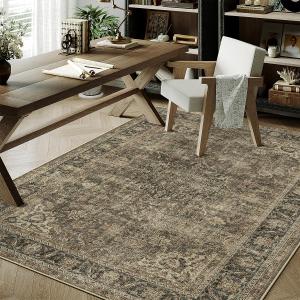 4x6 Washable Brown Area Rug Vintage Entryway Office Carpet Non-Slip Soft Low Pile Distressed Indoor Throw Rug for Living Room Bathroom Dining Room